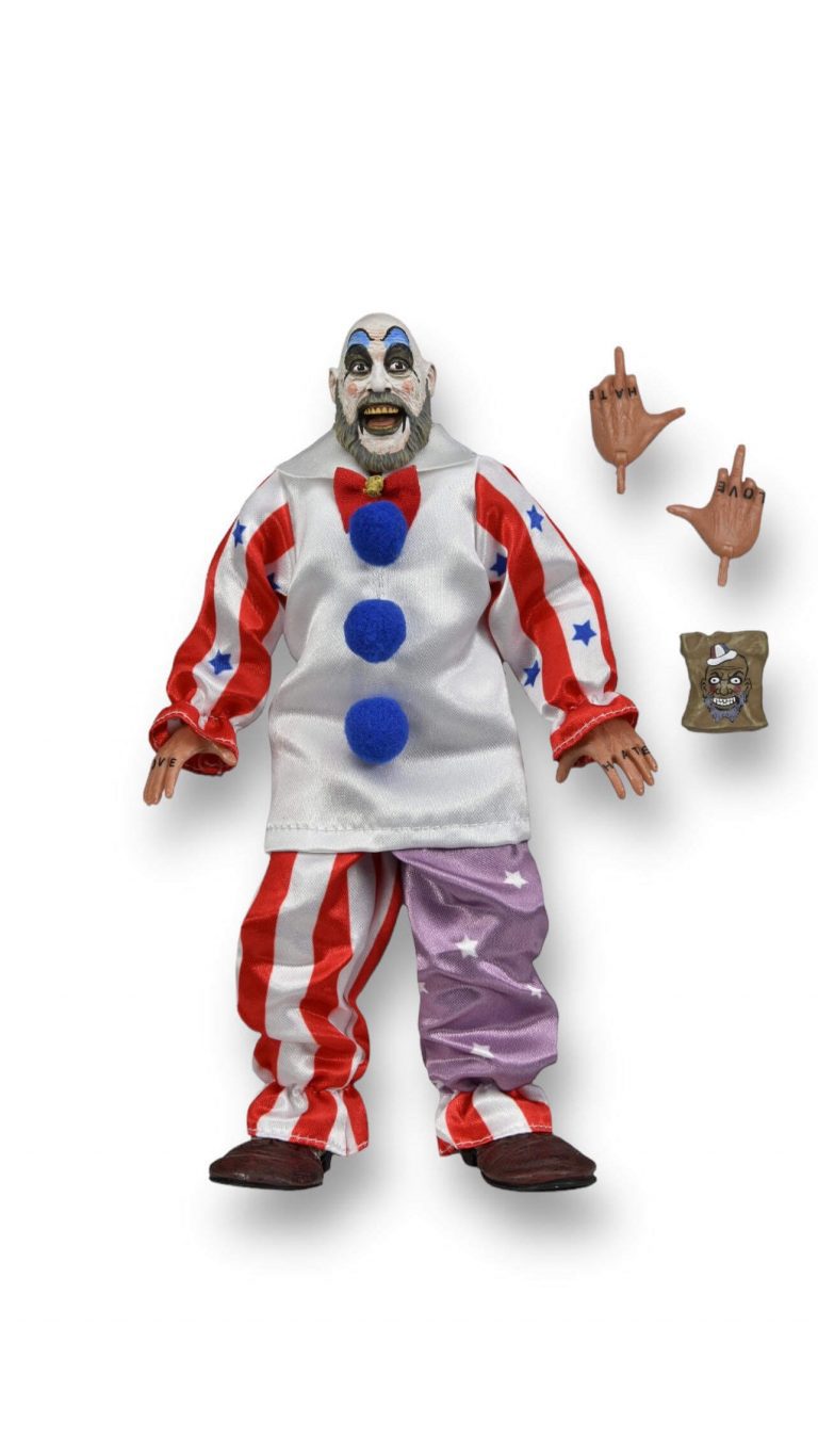 From the cult Rob Zombie film House of 1000 Corpses, Captain Spaulding stands 8” tall and is dressed in fabric clown attire. Includes alternate hands and bag accessory